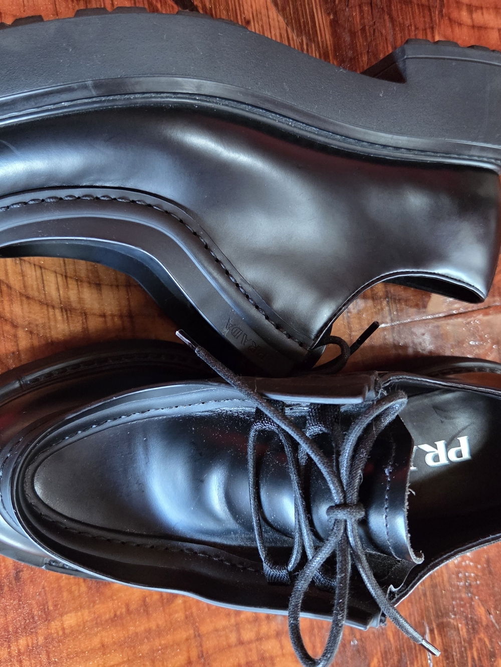 PRADA Diapason Black Opague Brushed Leather Lace-up Loafers - Picture 2 of 8